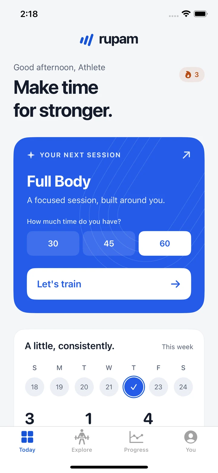 Rupam's actual Today screen showing the next workout and weekly consistency